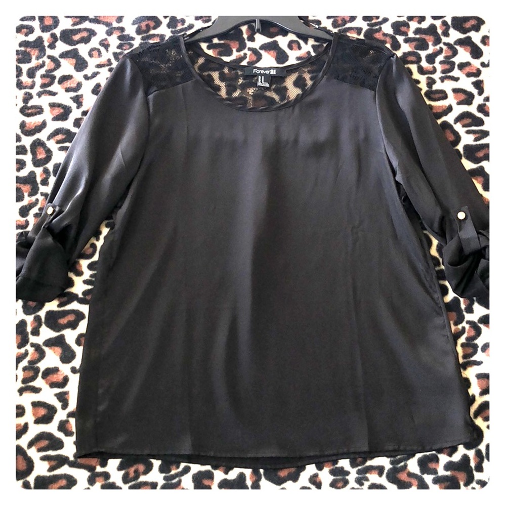 3/4 Sleeve Black Blouse w/ See through shoulders